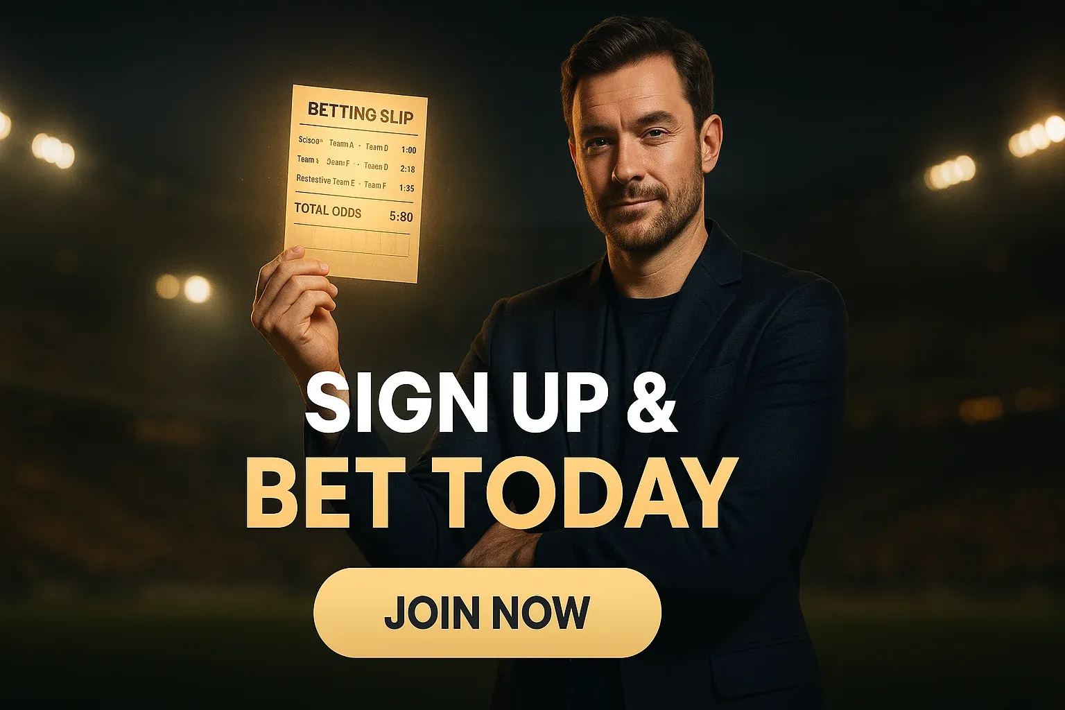 British man holding glowing betting slip with stadium lights behind