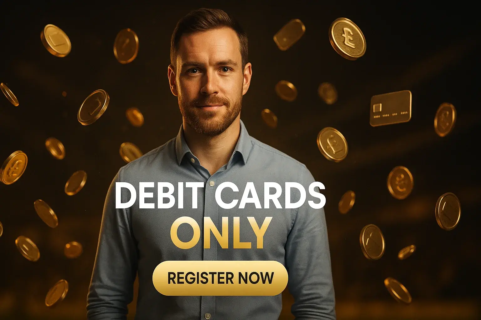 Photorealistic sports betting banner with British man, gold coins and debit cards only text