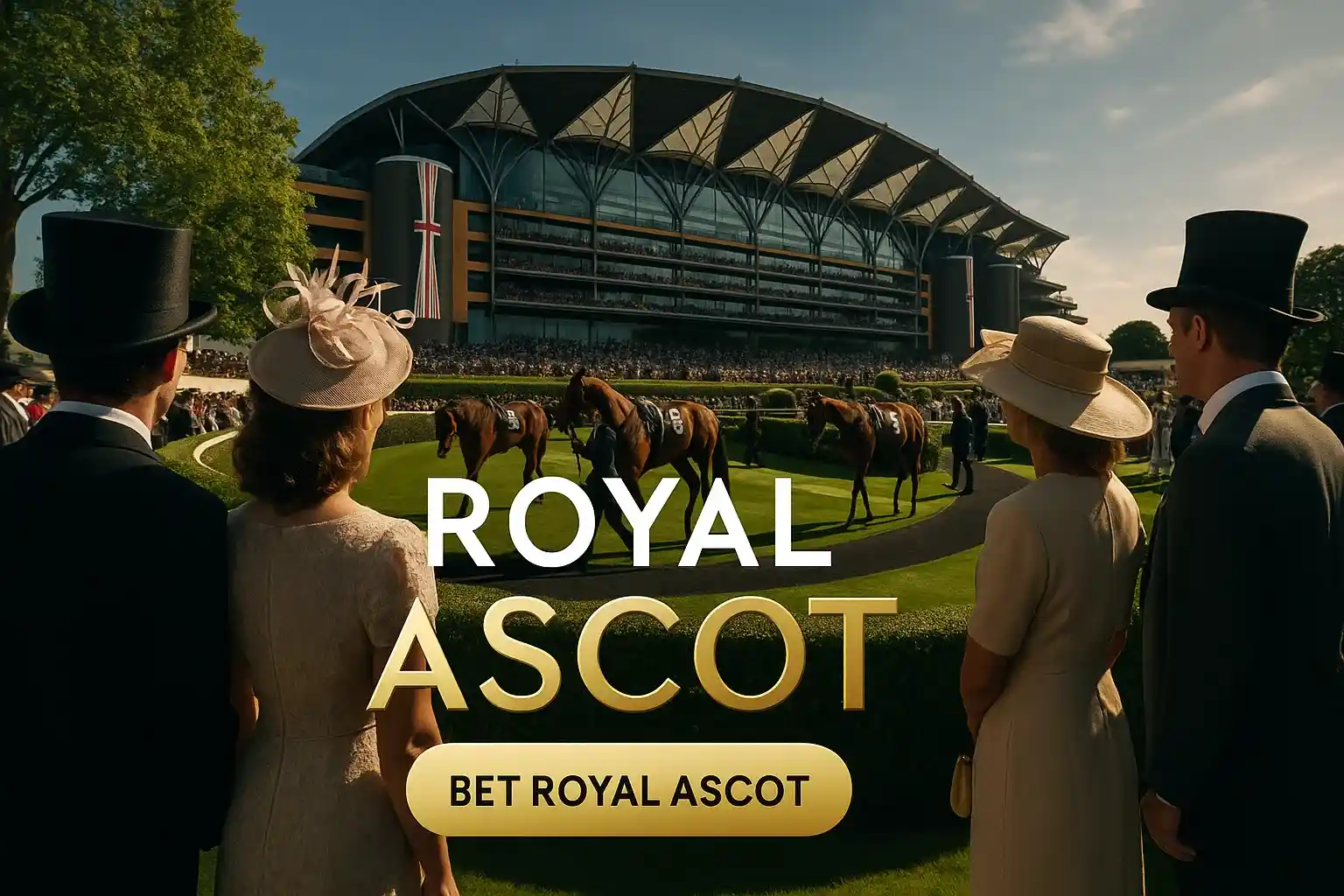 Royal Ascot Gold Cup banner with racegoers, paddock horses and grandstand