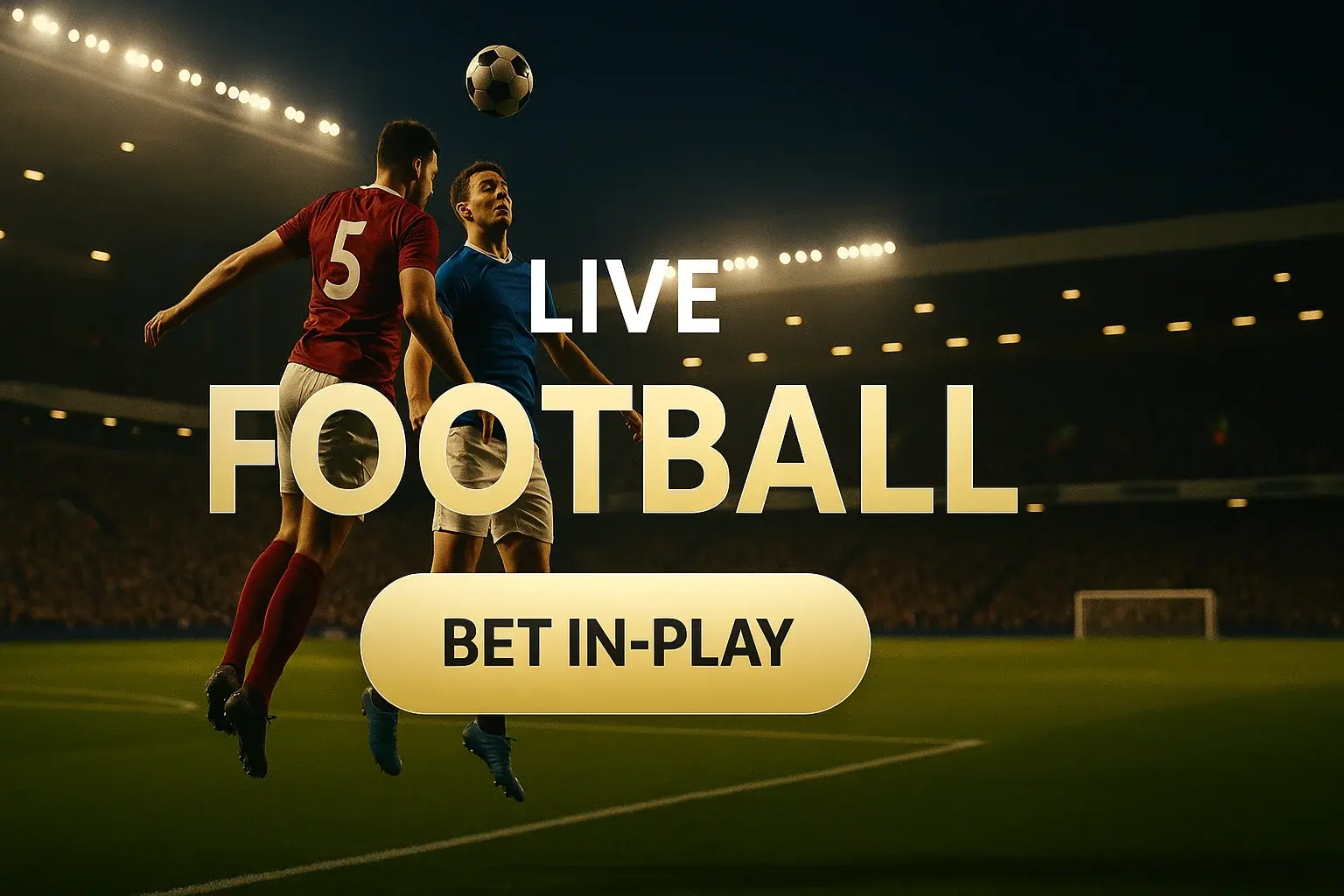 Photorealistic live football in-play betting banner with players heading the ball