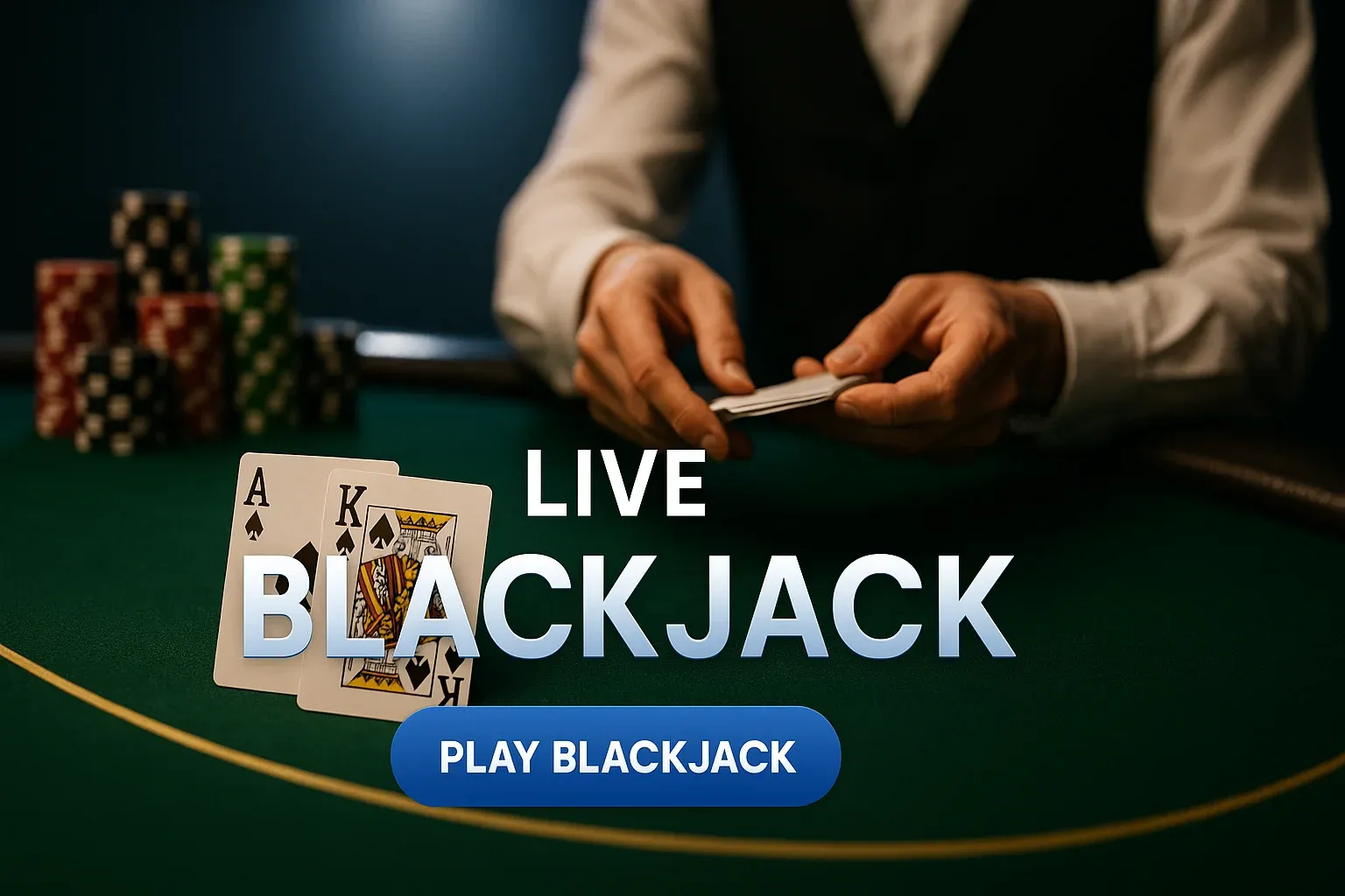 Live blackjack table banner with cards, chips and croupier hands