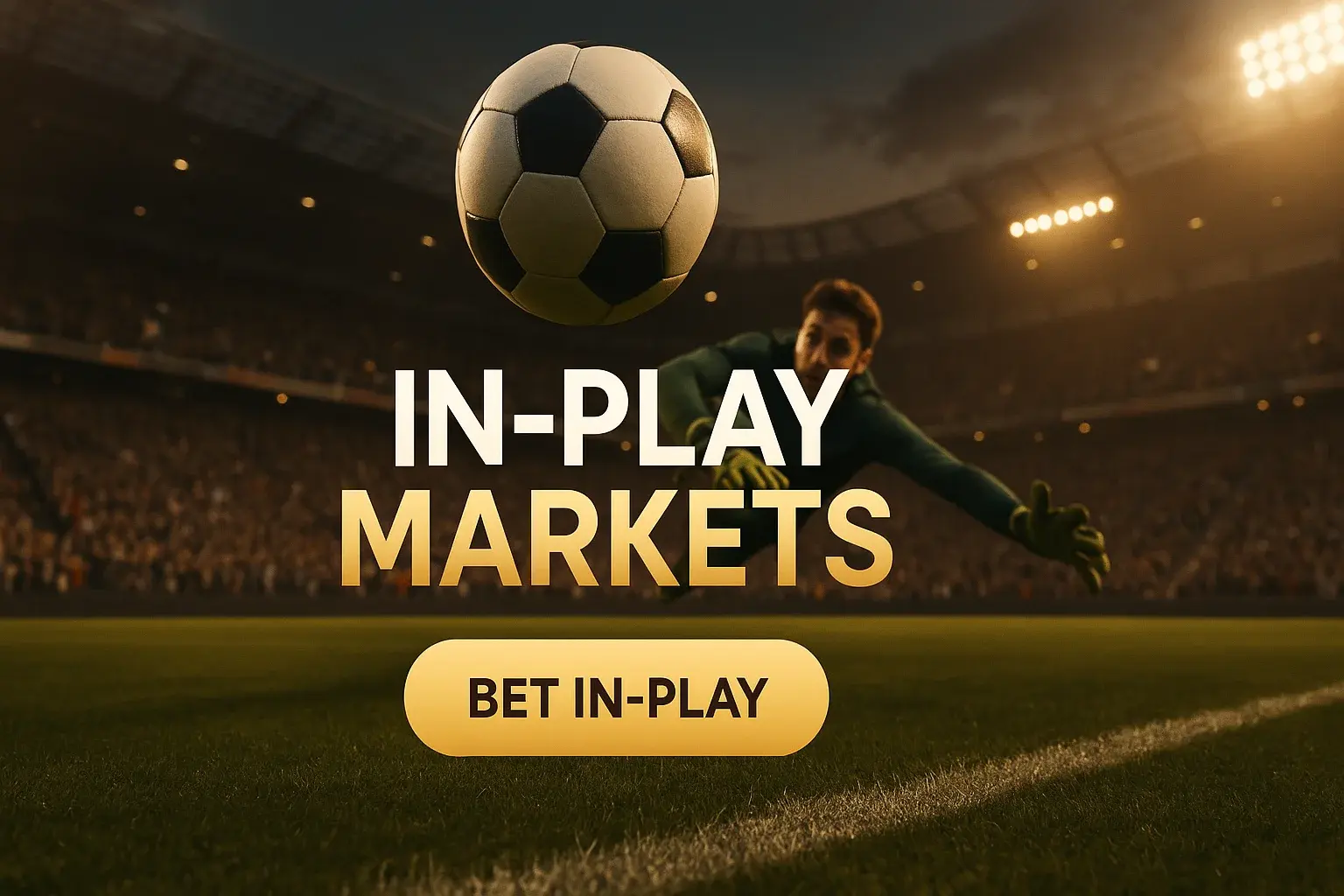 Football in mid-air above goal line with in-play betting text